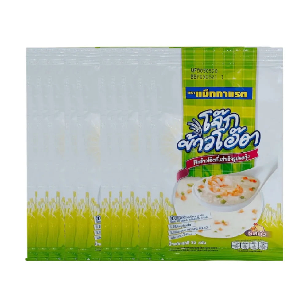 Mcgarrett Shrimp Flavor Instant Oatmeal Porridge 32g, dry grocery product with packaged oatmeal and shrimp flavor seasoning.