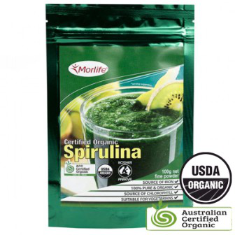 Organic Morlife Spirulina powder in a clear jar, vibrant green powder, highlighting health benefits and natural superfood qualities.