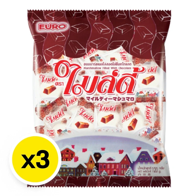 MILDY Mildy Chocolate snack pack, 120g x 3, dry grocery confectionery with chocolate pieces in a colorful package