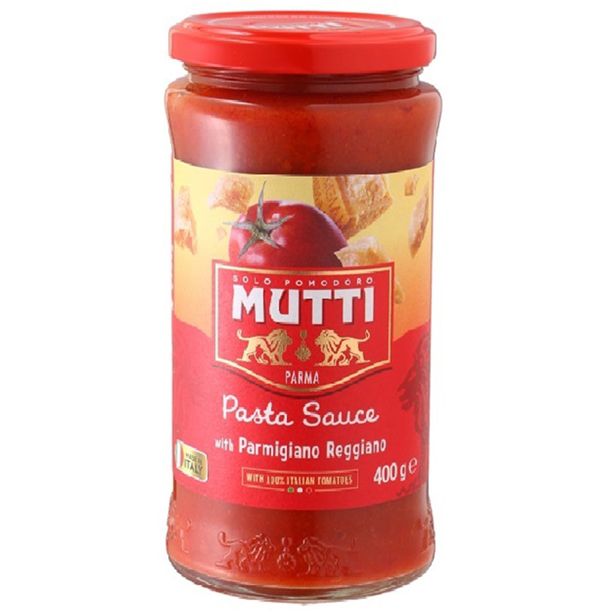 Jar of Mutti pasta sauce with Parmigiano Reggiano cheese, featuring a rich, red tomato sauce with grated cheese visible on top.