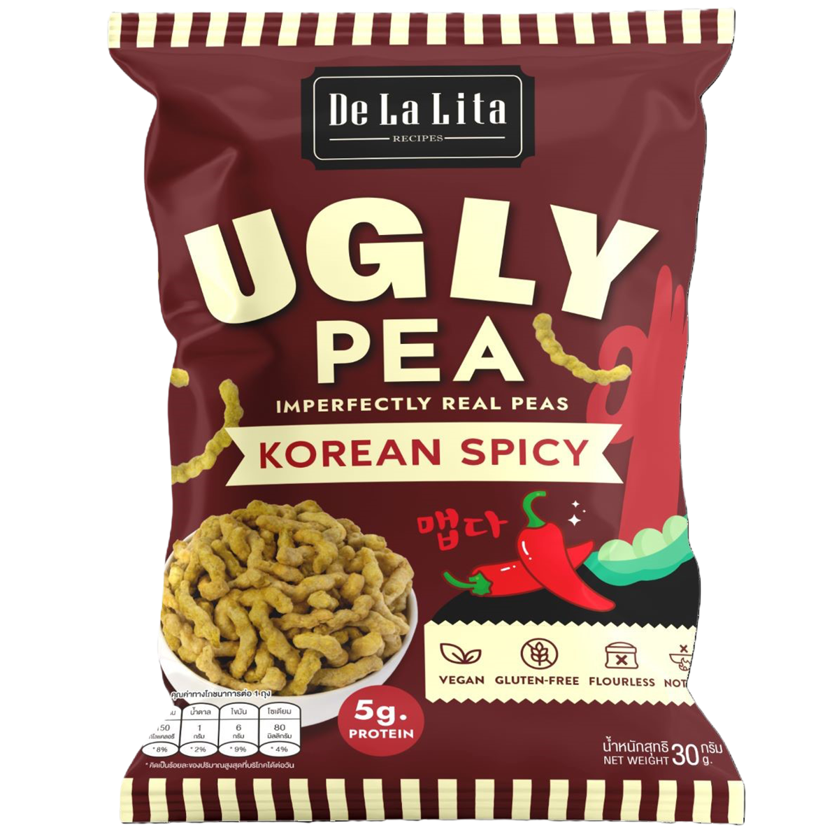 De La Lita Green Pea Stick Korean Spicy confectionery snack with vibrant green pea sticks on a white background.