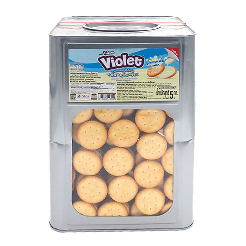 Violet Cream Cracker 5kg, dry grocery snack with violet-flavored cream filling in a large packaging, from the VIOLET brand.