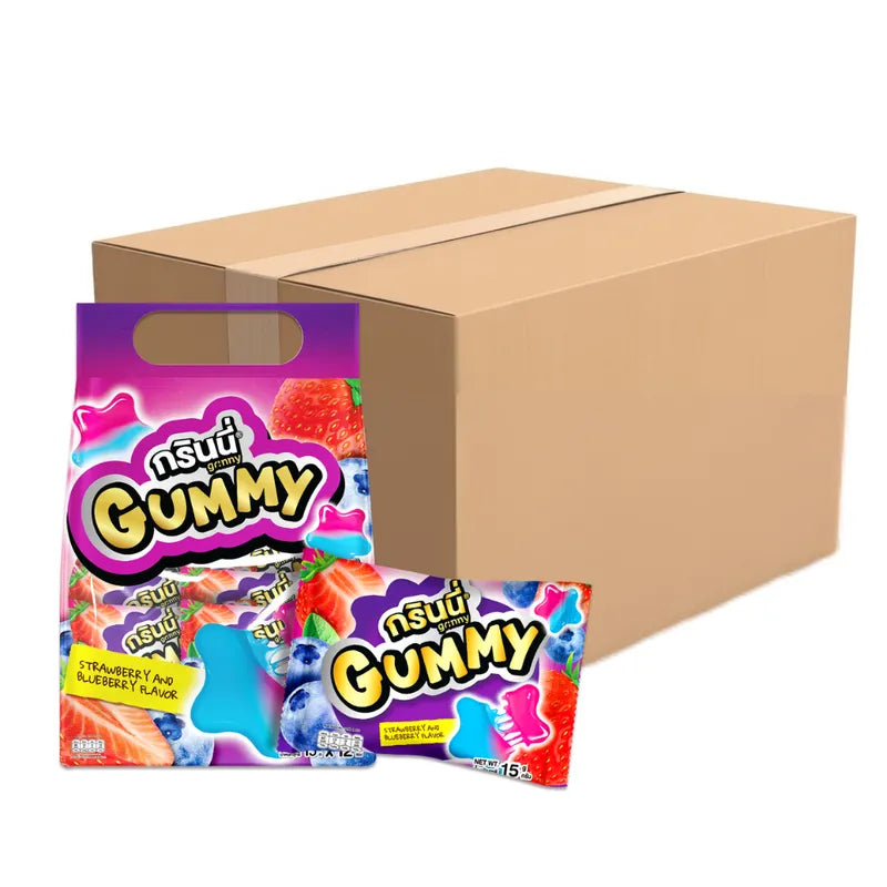 GRINNY Pectin Gummy Stars in strawberry and blueberry flavor, shown in a clear snack package with colorful gummies inside.