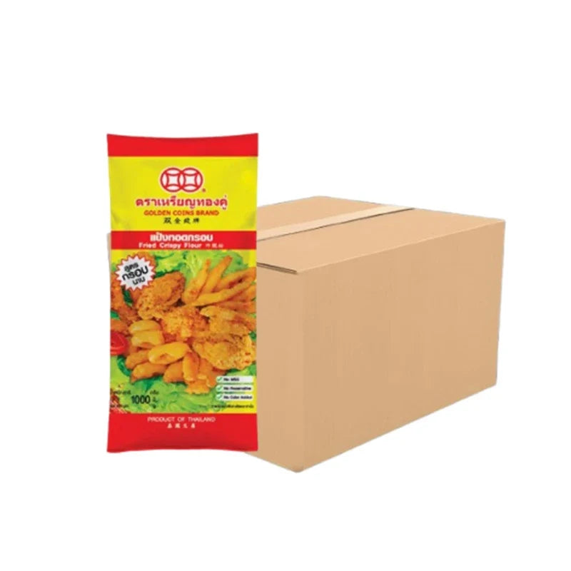Golden Coins Crispy Flour long crunchy dry grocery coins in a 1kg package, shown in a clear image with multiple packs stacked.