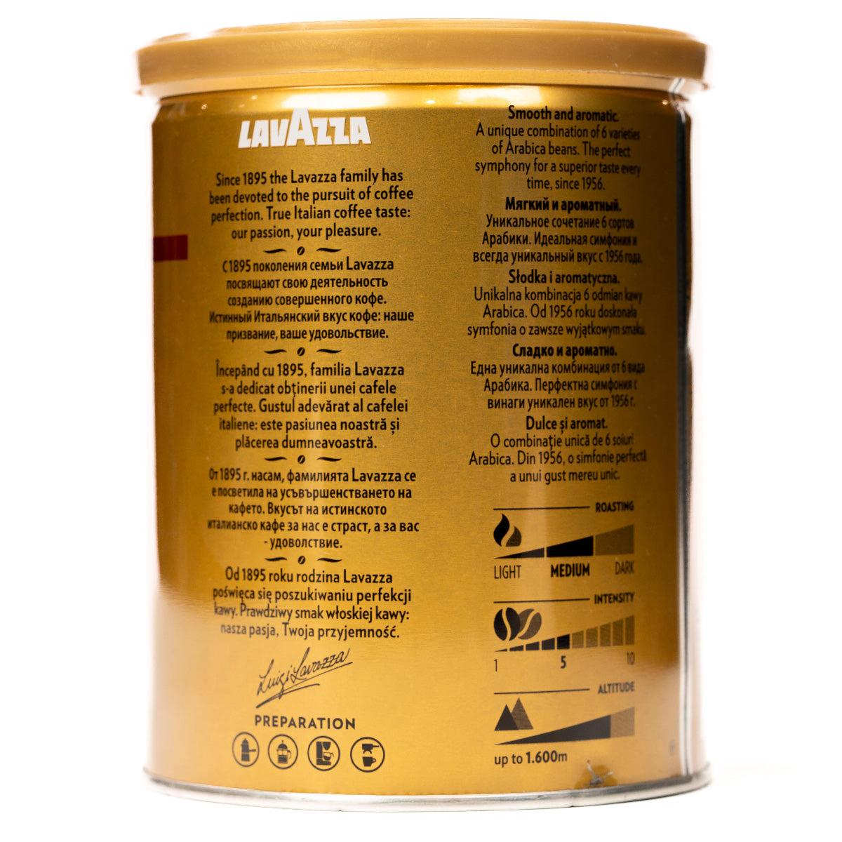 Lavazza Qualita Oro ground coffee for brewing, showing a close-up of the rich, aromatic coffee grounds in a jar.