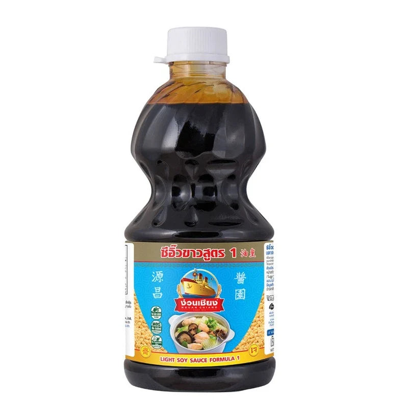 Bottle of NGUAN CHIANG Light Soy Sauce Formula 1 in a 1950ml bottle, used for cooking and seasoning in Asian cuisine.