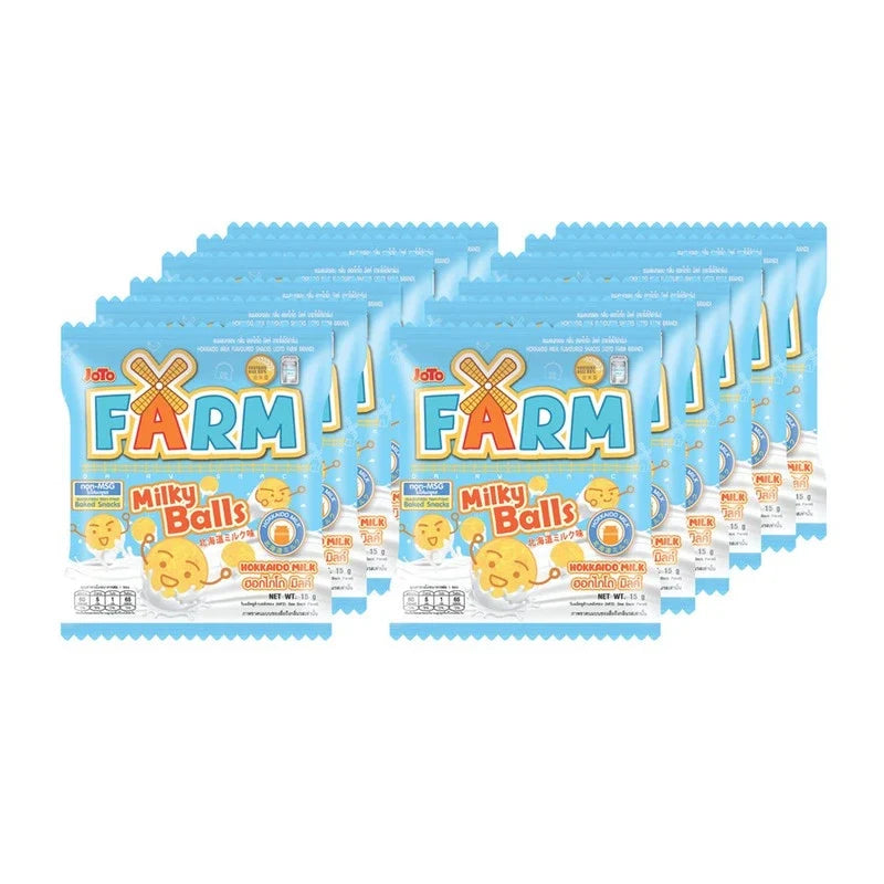 Joto Farm baked corn chips with Hokkaido milk flavor, 12g pack, crispy snack in a colorful bag for dry grocery and confectionery.