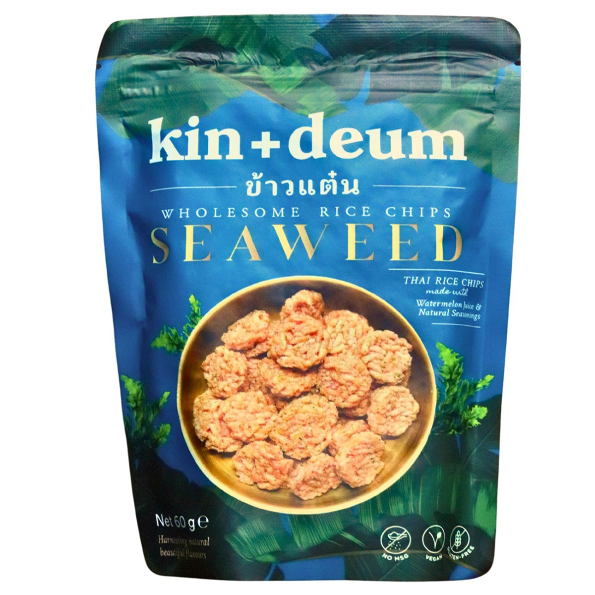 Kin Deum Wholesome Rice Chips Seaweed, crispy snack with rice and seaweed flavor, in colorful packaging.