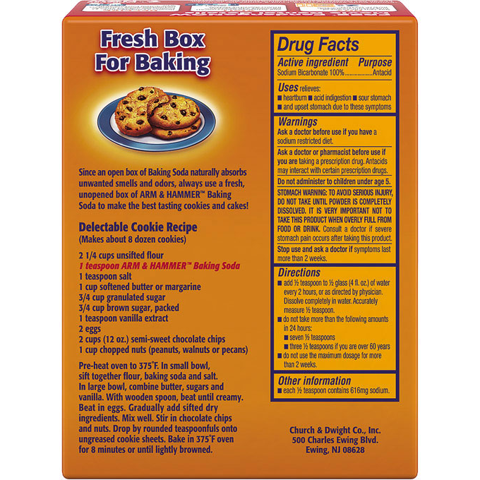 Box of Arm & Hammer baking soda, a grocery product, showing the white cardboard packaging with branding and product label.
