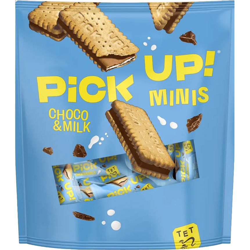 Bahlsen Pick Up Mini Milk confectionery snacks in a colorful package, showcasing bite-sized chocolate-filled biscuits.