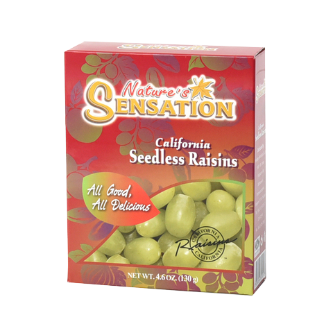 Dried raisins from Nature's Sensation, a natural confectionery snack, showing glossy, plump raisins in a clear container.