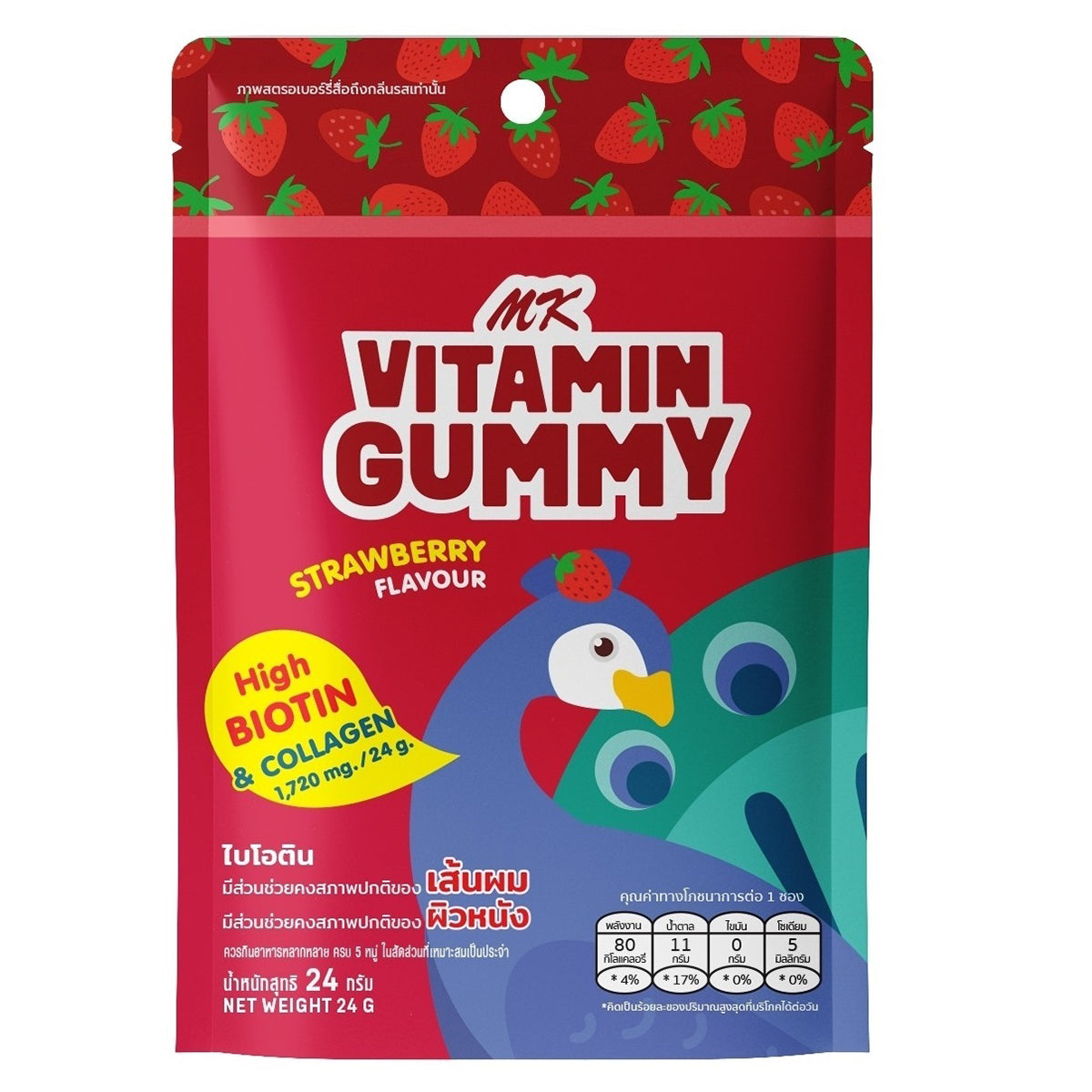 Mk Vitamin Gummy Strawberry confectionery snack with bright red gummy candies shaped like strawberries.