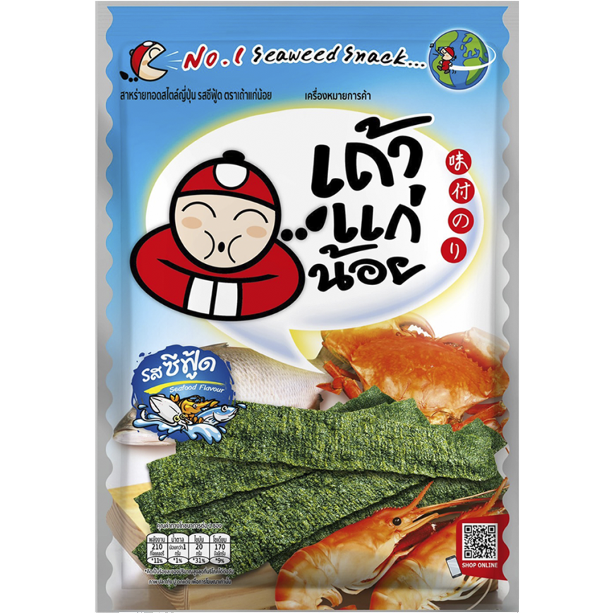 Taokaenoi Fried Seafood Seaweed snack in a clear bag, showing crispy seaweed sheets with seafood flavor.