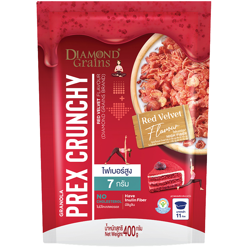 Crunchy Red Velvet Granola by Diamond Grains, featuring vibrant red velvet flavor and crispy grain clusters for a tasty breakfast or snack.