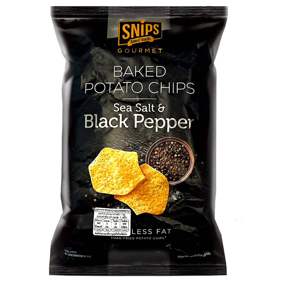 Snips Sea Salt and Black Pepper potato chips in a bowl, showing crispy chips with seasoning on a white background.