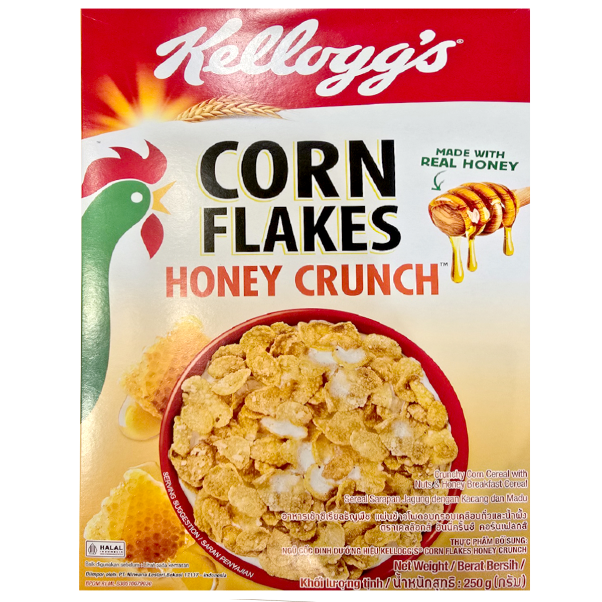 Bowl of Kelloggs Honey Crunch Corn Flakes cereal with honey-glazed flakes and milk in a white bowl on a wooden table