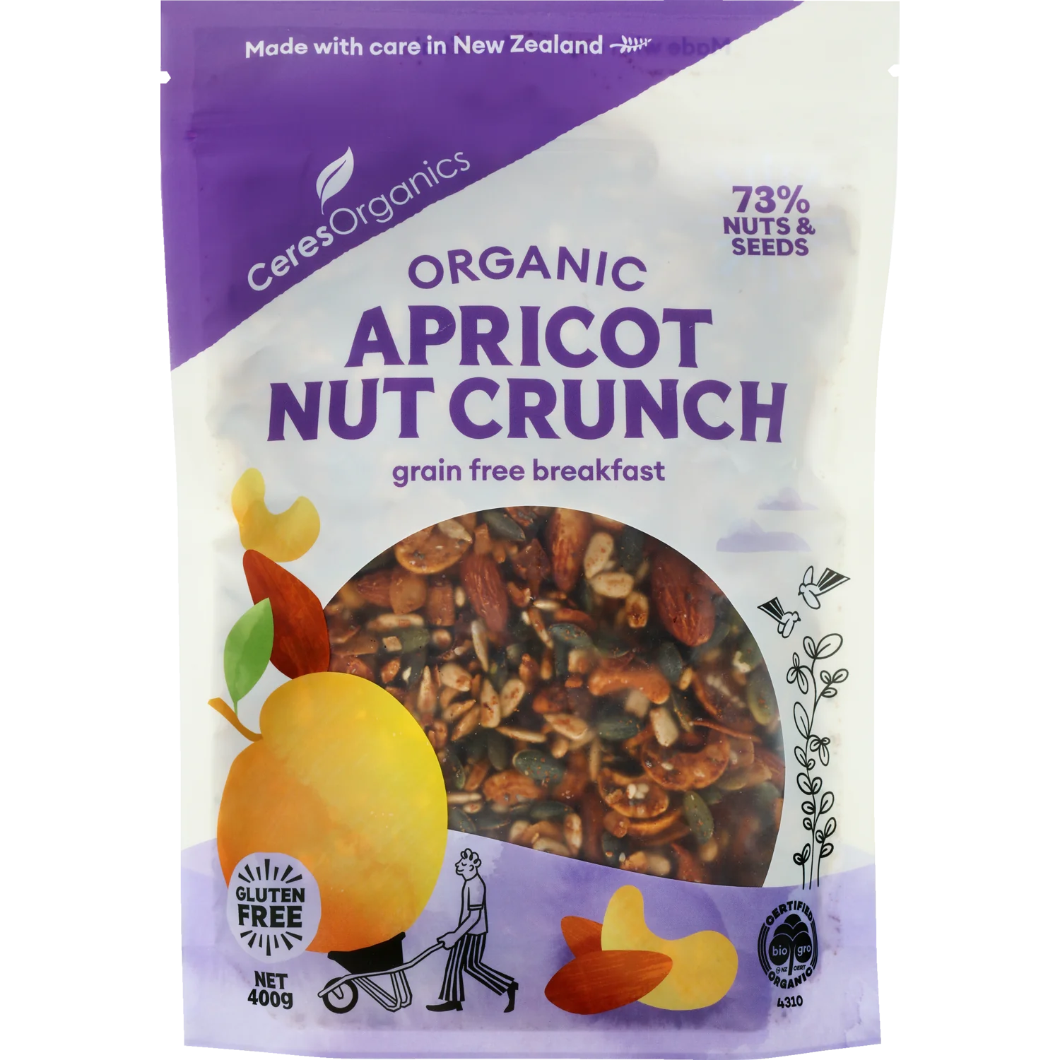 Ceres Organics Apricot Nut Crunch in a bowl showing dried apricots, nuts, and crunchy granola pieces for a healthy snack.