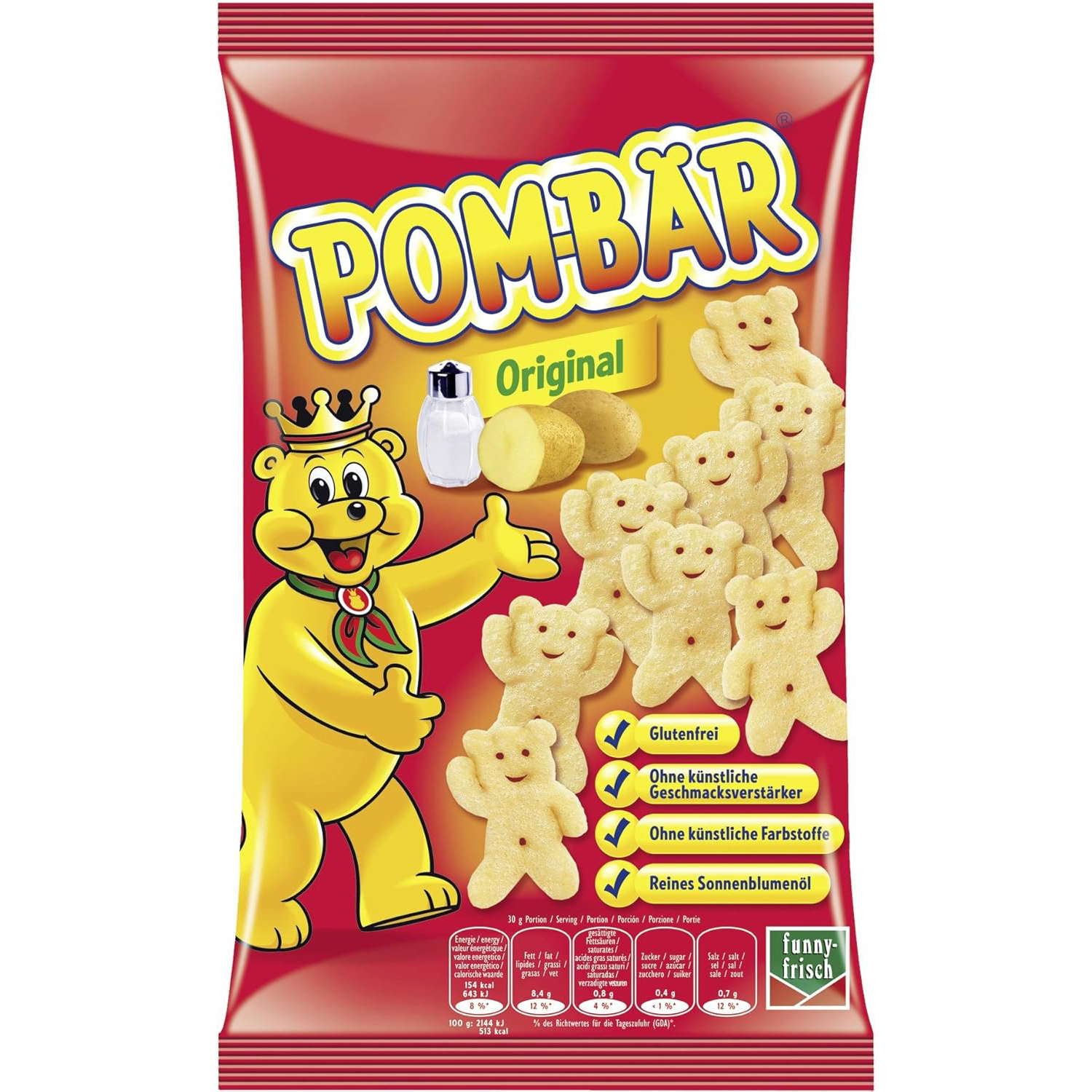 Funny Frisch Pom Bar Original confectionery snack with crispy potato puffs and a light seasoning in a colorful wrapper.