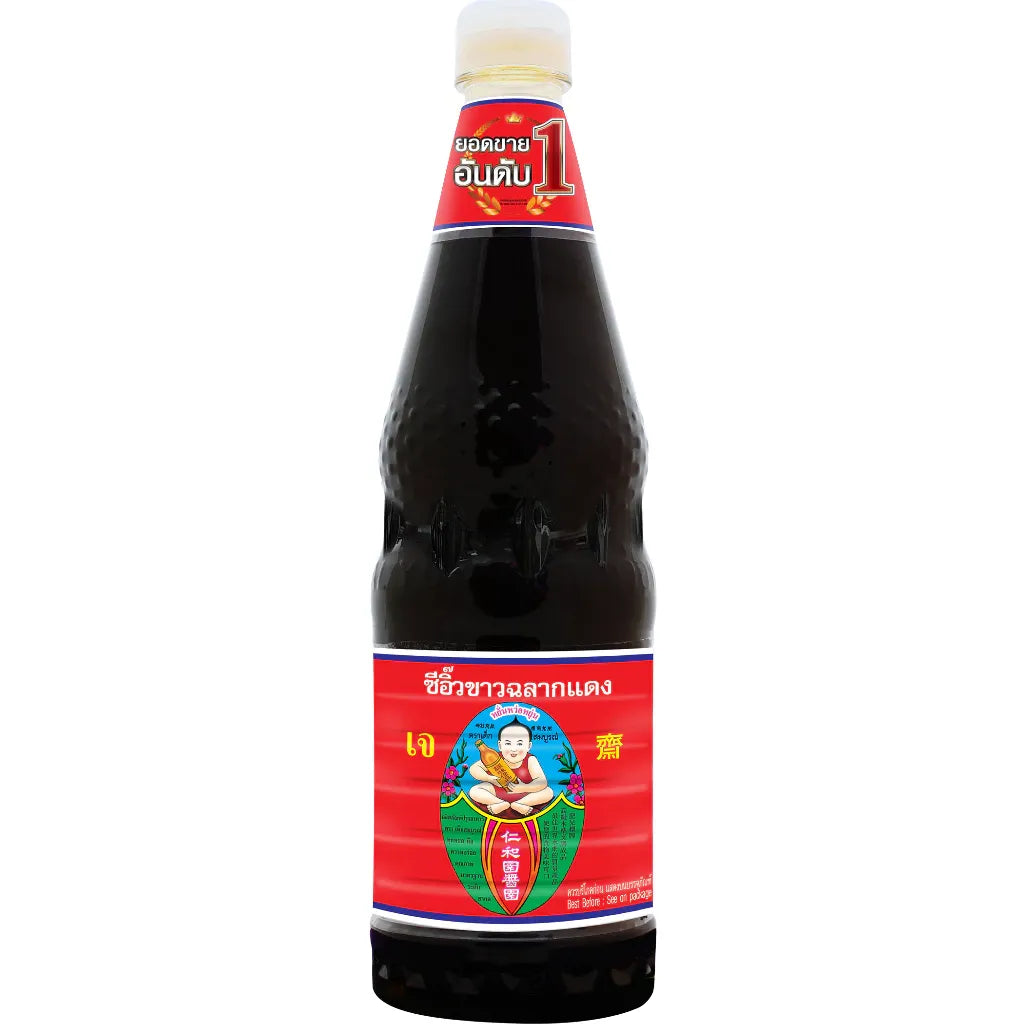 Deksomboon Thin Soy Sauce 1000ml bottle, traditional dry grocery condiment with clear packaging and dark soy liquid inside.