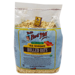 Bob's Red Mill Organic Rolled Oats in a bag, showing the label with oats spilling out, ideal for healthy breakfast recipes.