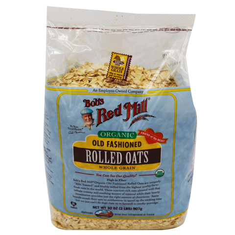 Bob's Red Mill Organic Rolled Oats in a bag, showing the label with oats spilling out, ideal for healthy breakfast recipes.