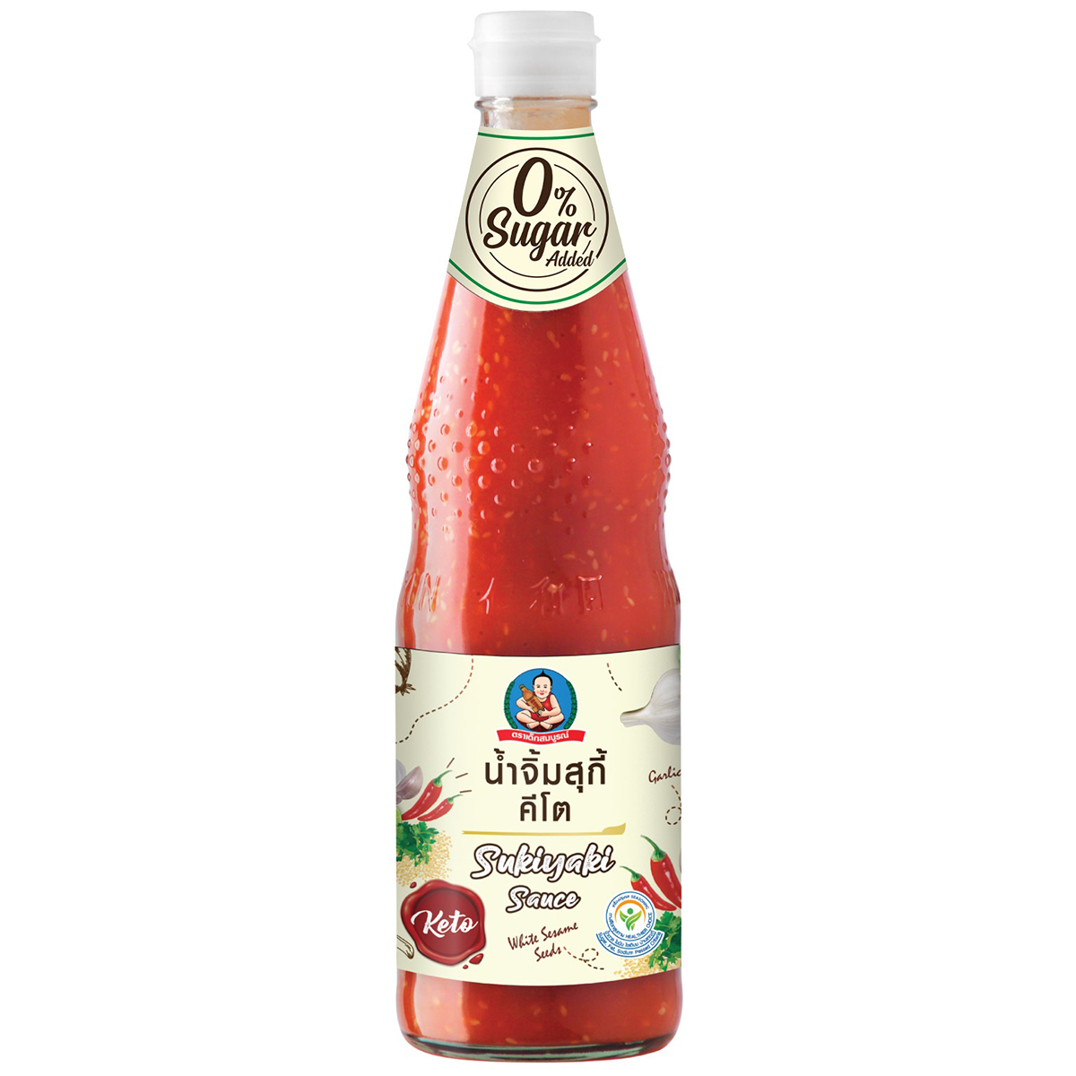 Deksomboon Keto Sukiyaki Sauce bottle with label, showcasing a clear glass container and branding for grocery use.