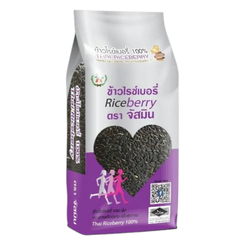 Jasmine Riceberry 1kg package of dry rice from Jasmine brand, showing a close-up of the rice grains in the image.