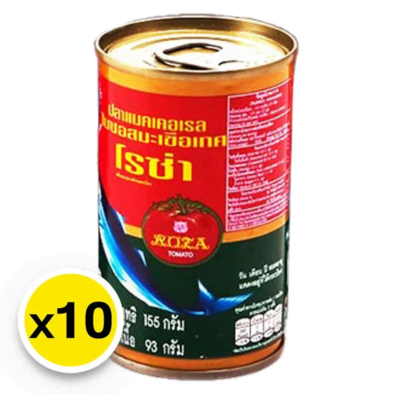 Canned mackerel in tomato sauce by ROZA, 155g per can, displayed in a pack of 10 for dry grocery shopping.