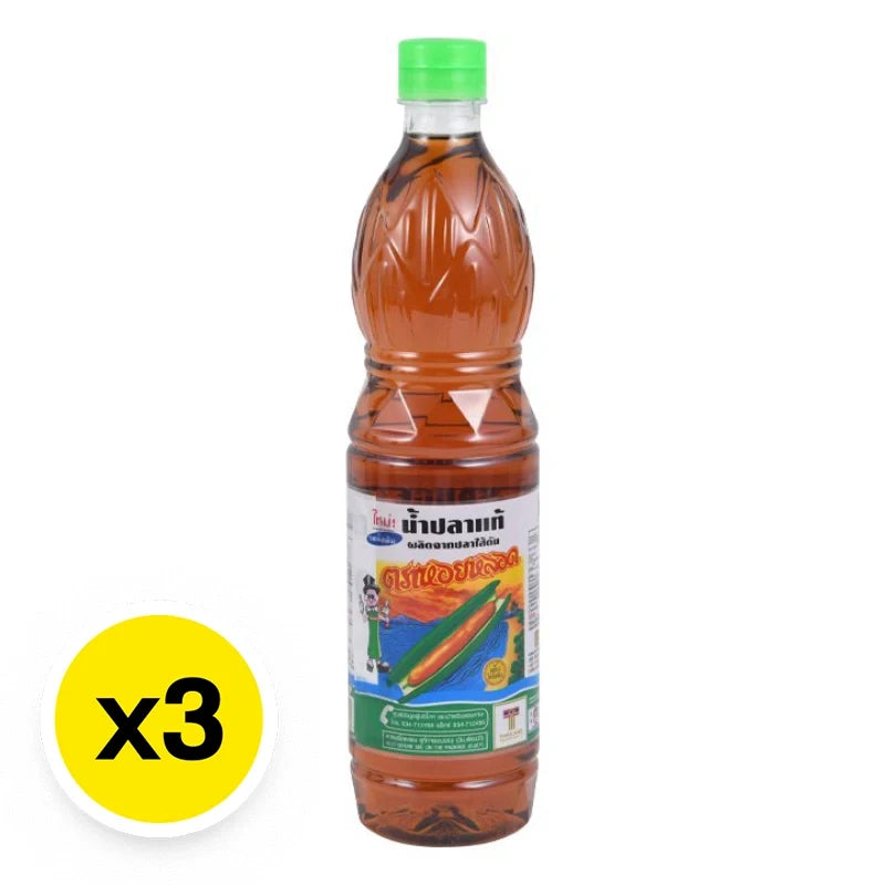Razorclam Fish Sauce 700ml bottles, three-pack, in clear bottles with dark liquid, ideal for cooking and seasoning in dry grocery.