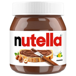 Jar of Nutella hazelnut spread with cocoa, showing the Nutella label and creamy chocolate-hazelnut spread inside.