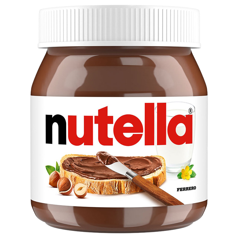 Jar of Nutella hazelnut spread with cocoa, showing the Nutella label and creamy chocolate-hazelnut spread inside.