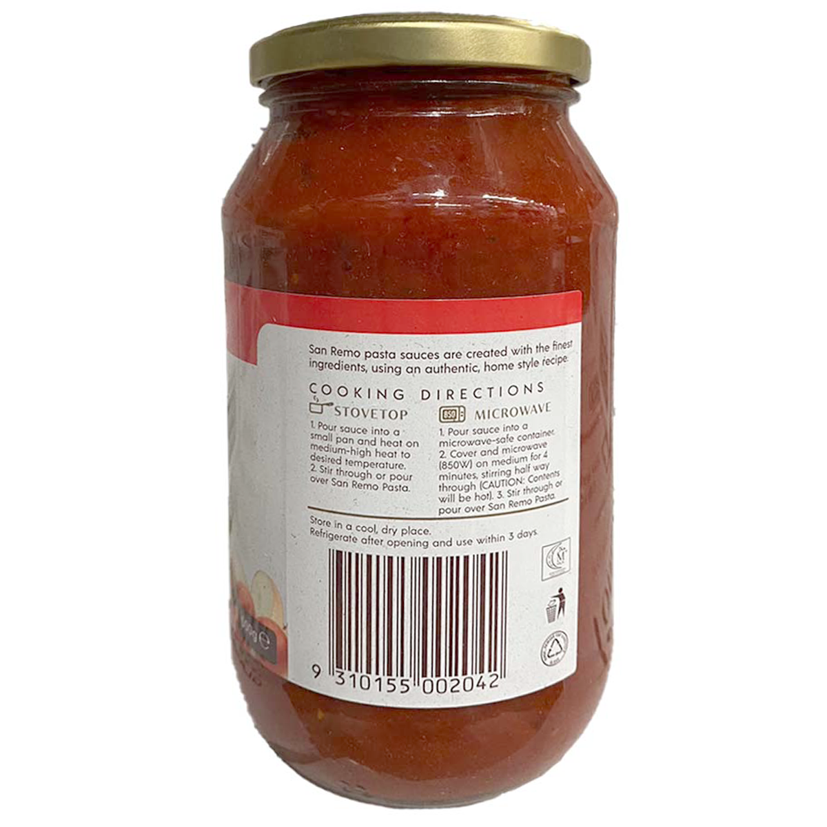 San Remo Tomato Basil Pasta Sauce jar with fresh basil and tomato ingredients visible on the label.