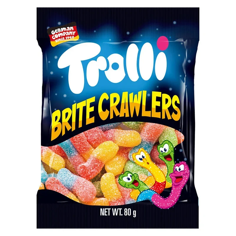 Trolli Gummy Brite Crawlers in 80g package, colorful chewy gummy candies from Trolli, popular snack confectionery.