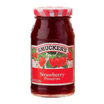 Smuckers Strawberry Jam 340g jar with red fruit and label, shown on a plain background, perfect for breakfast spreads.