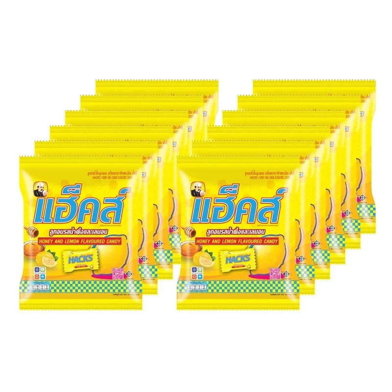Hacks Candy Honey Lemon 24.3g snack pack, soft chewy candies with honey and lemon flavor, in a colorful package.