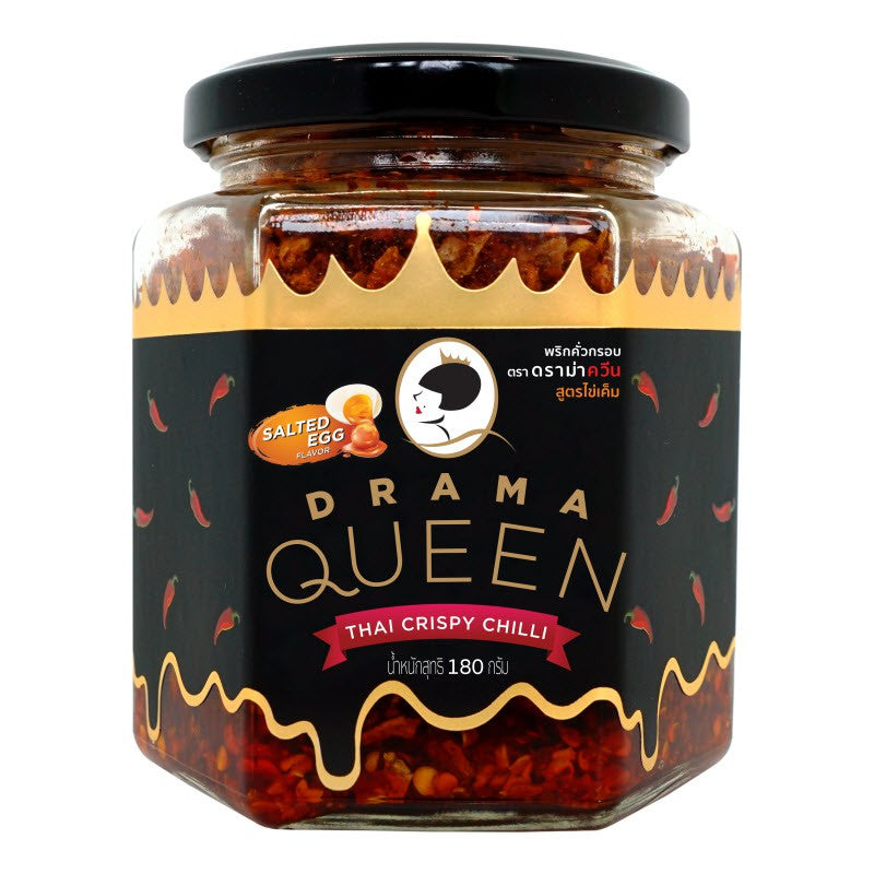 Drama Queen Crispy Chilli Salted Egg Flavour snack in colorful packaging, showcasing the spicy, savory snack inside.