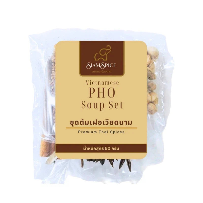 SiamSpice Vietnamese Pho Soup Set 50g with dry spices and herbs for authentic Vietnamese pho, shown in a clear package.