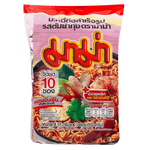 Mama Tom Yum Goong instant noodles in a bowl with shrimp, herbs, and spicy broth, highlighting the flavorful Thai seafood noodle soup.