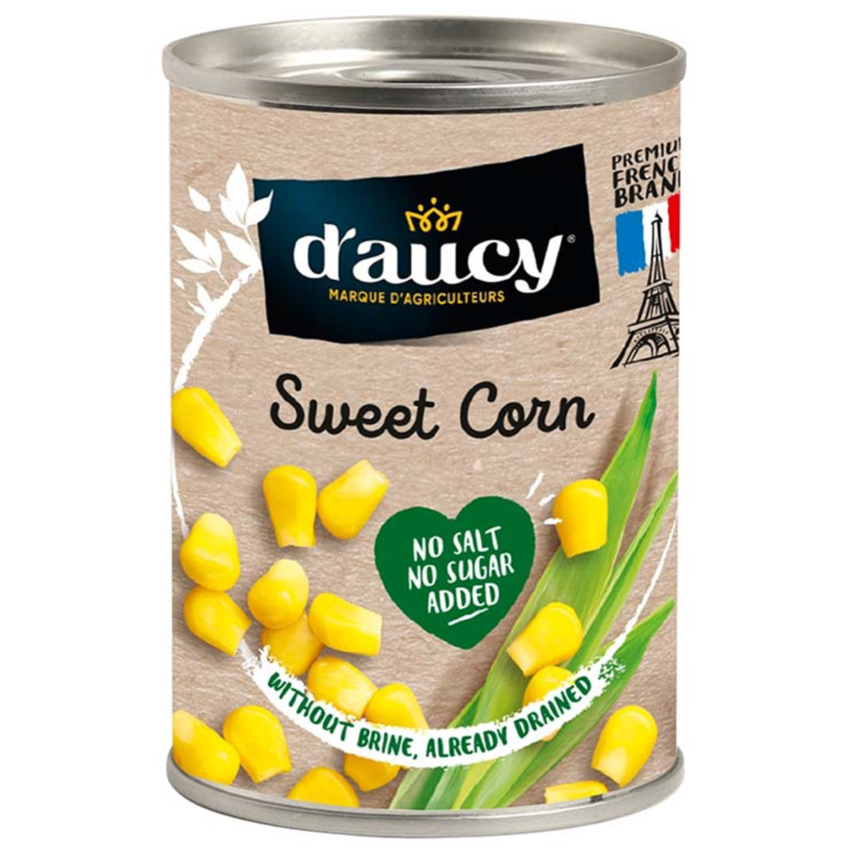 Cans of Daucy Super Sweet Corn in a grocery store shelf, showing the bright yellow corn inside the labeled can.