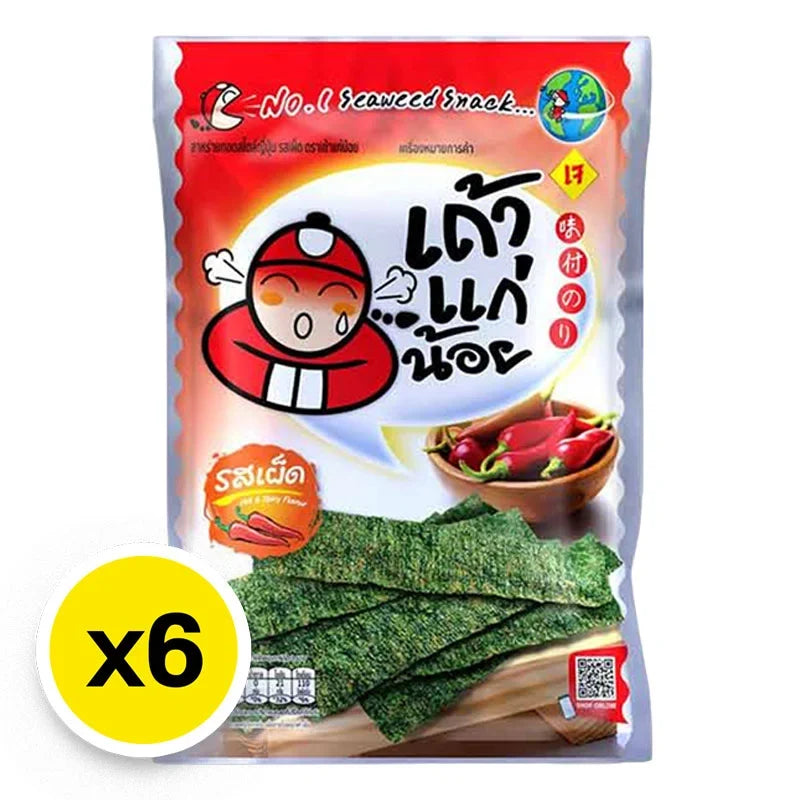 Taokaenoi spicy fried seaweed snack in a 10g pack, showing crispy, seasoned seaweed pieces in a clear snack pouch.