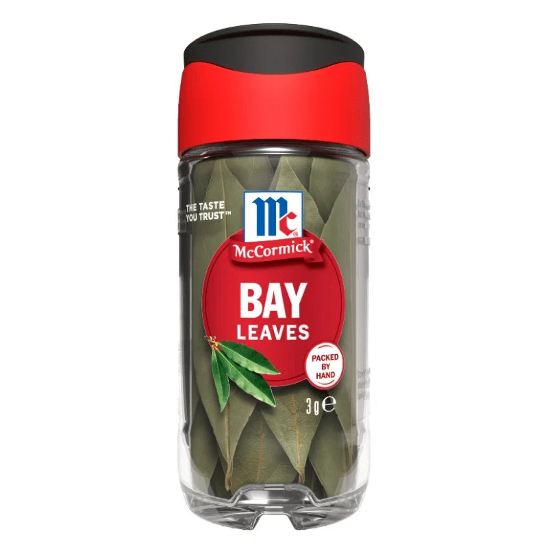 Dried McCormick bay leaves in a 3g package, used for flavoring in cooking, with the McCormick brand label visible.