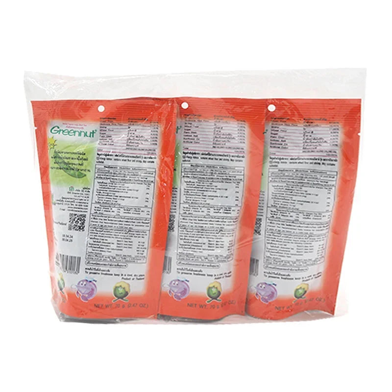 Greennut Crispy Green Peas and Shrimp snack in 70g x 3 packs, dry grocery snack with green peas and shrimp flavor, crispy texture.