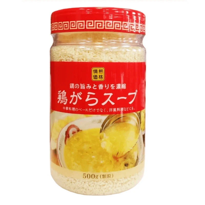 JONETSU KAKAKU chicken soup stock granules and bouillon powder in a clear container, dry grocery product for flavorful cooking.
