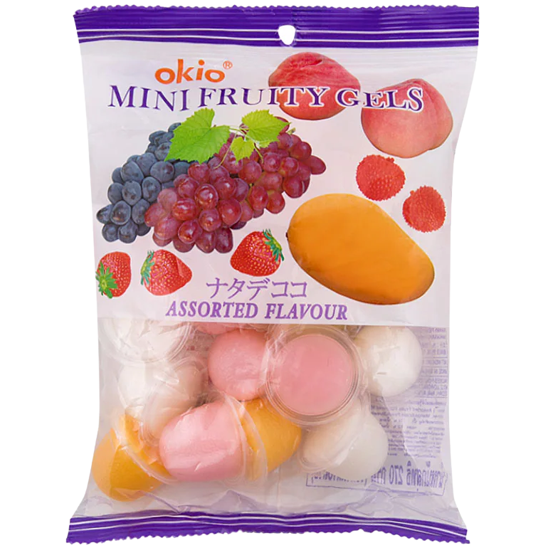 Okio Pudding Mixed Fruit confectionery snack in a colorful container with assorted fruit flavors.