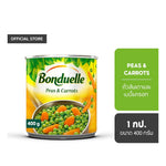 Canned Bonduelle green peas and baby carrots in 400g container, fresh-looking vegetables in a sealed can.