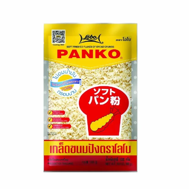 LOBO Panko Bread Crumbs in 1000g box, dry grocery product, close-up of the package showing the bread crumbs inside