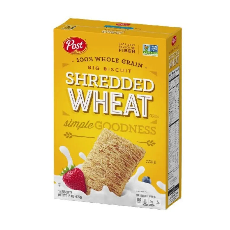 Post Big Biscuit shredded cereal wheat in a 15-ounce package, showcasing the dry grocery product with shredded wheat pieces.