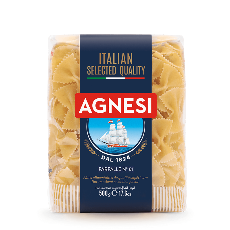 Agnesi Farfalle #61 pasta in a clear package, showcasing the bow-tie shaped Italian pasta from the Agnesi grocery brand.