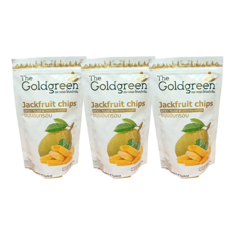 Golden crispy Jackfruit Chips by THE GOLDGREEN, 100g pack, showing crunchy jackfruit slices in a clear bowl.