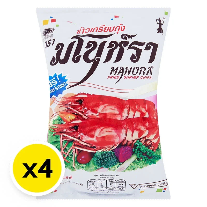 Manora Fried Prawn Crackers in 75g packs, crispy seafood snack from MANORA, displayed in a colorful bag on a white background.